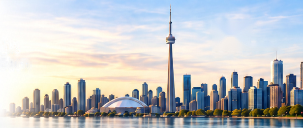 Toronto skyline and the CN Tower at sunset